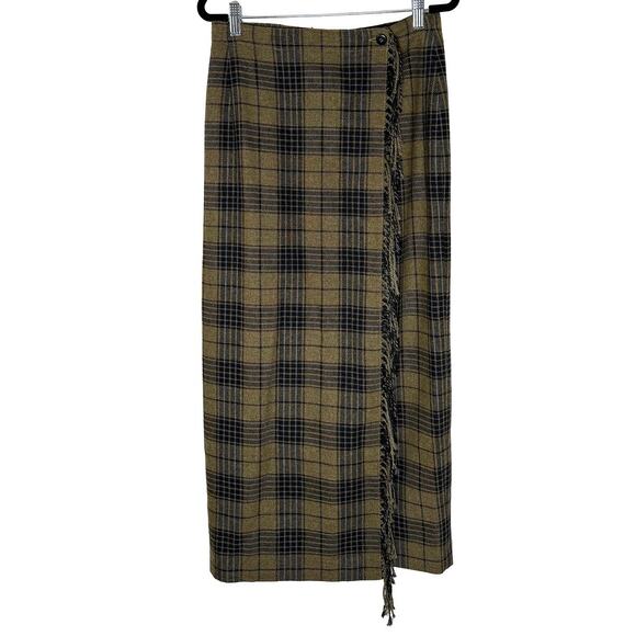 American Vintage Dresses & Skirts - Vintage Liz Clairborne Lizwear Women's Pencil Wrap Wool Midi Skirt Plaid Fringe